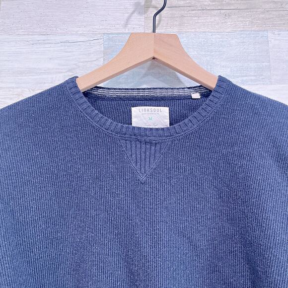 LINKSOUL Cotton Ribbed Crewneck Sweater Navy Blue Stretch Casual Mens Medium - Picture 2 of 7